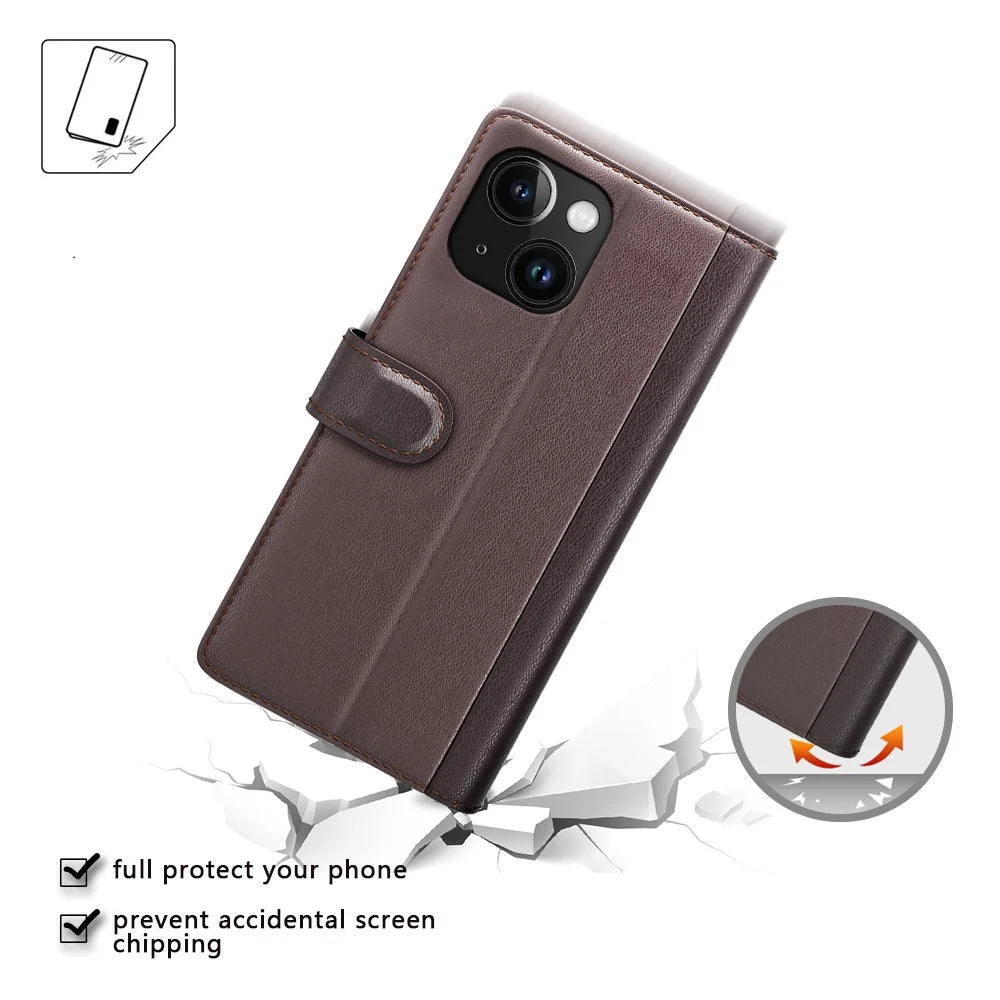 For iPhone 15 Plus Case Genuine Split Leather Phone Cover with Wallet Stand - Brown - 4