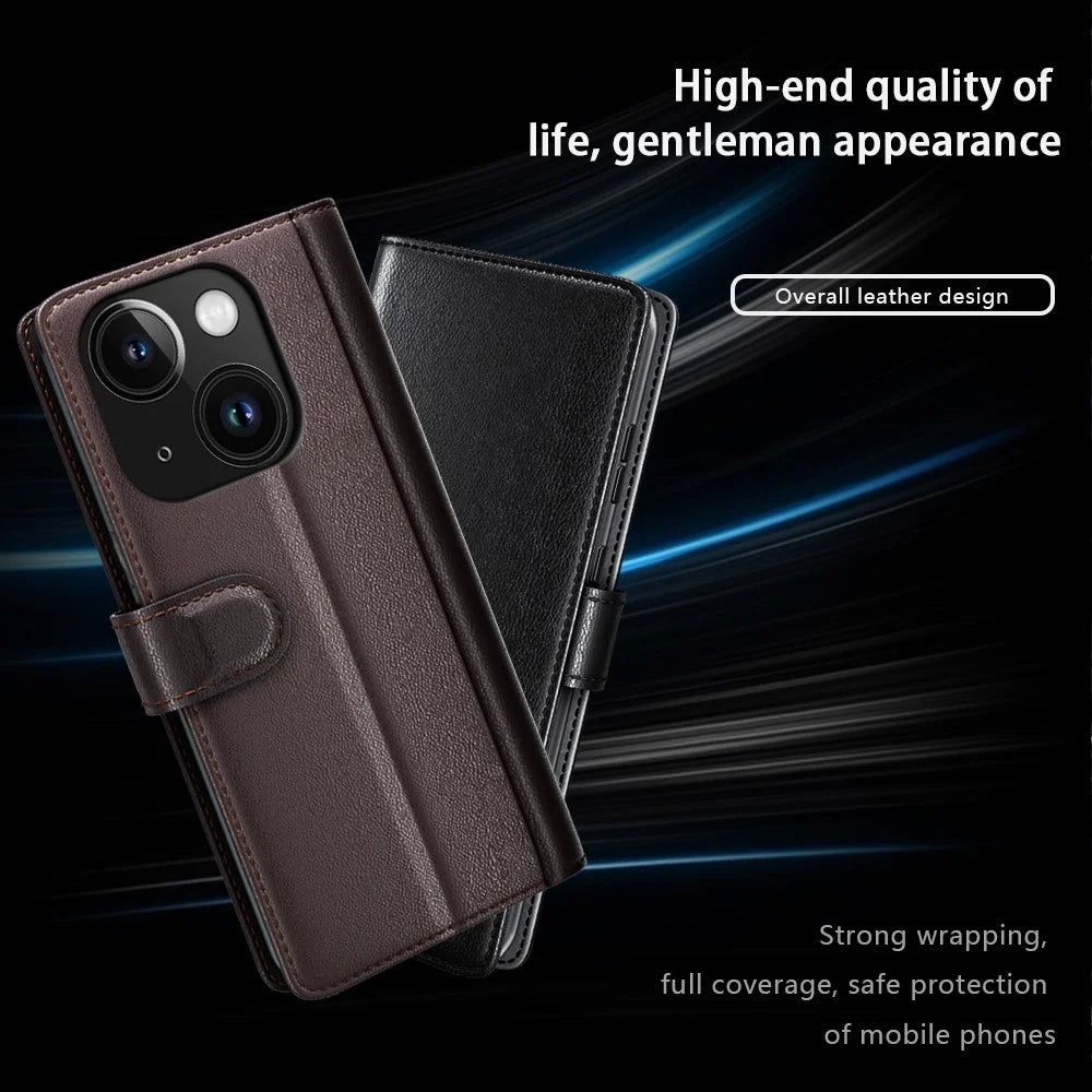 For iPhone 15 Plus Case Genuine Split Leather Phone Cover with Wallet Stand - Brown - 6