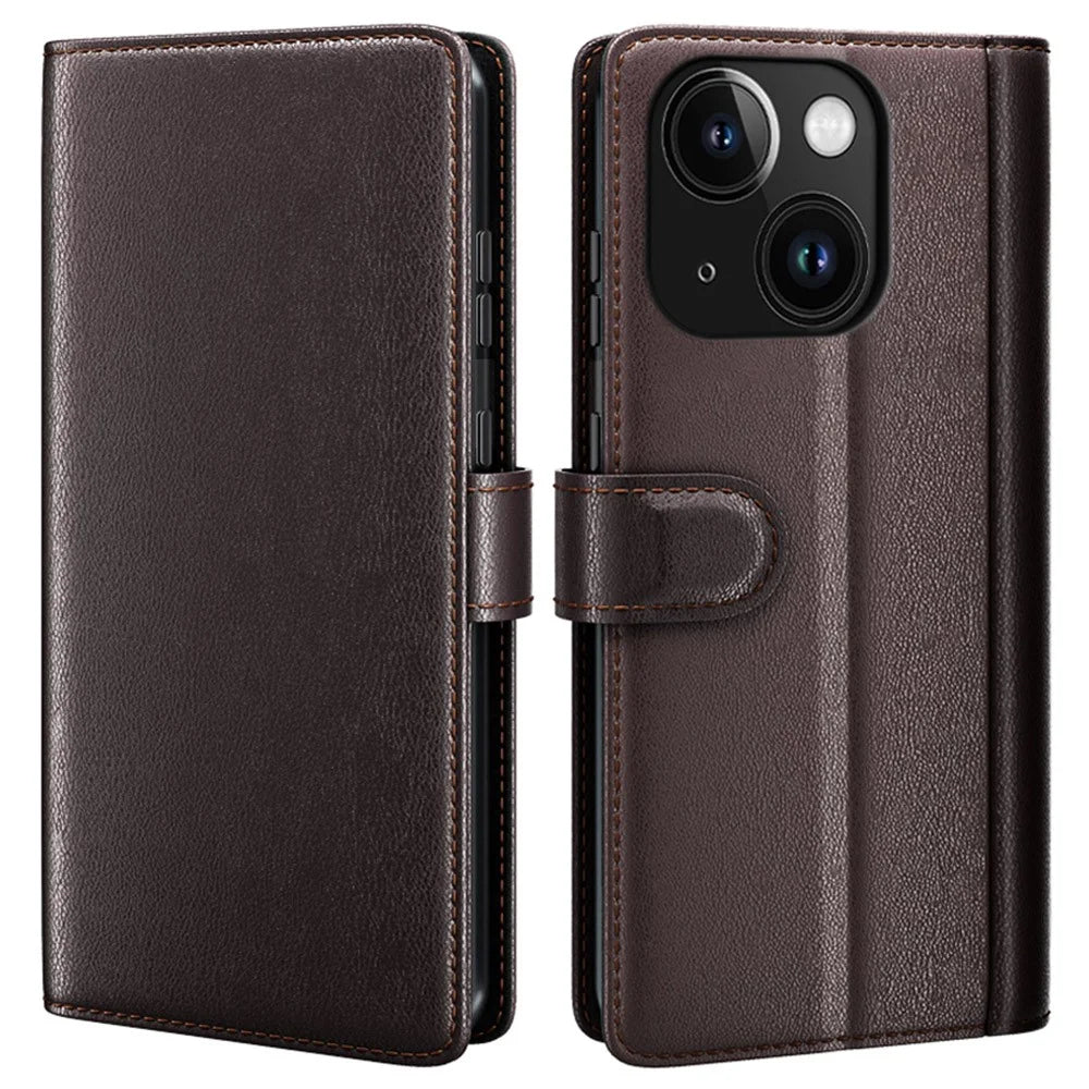 For iPhone 15 Case Genuine Split Leather Phone Cover with Wallet Stand - Brown - 1