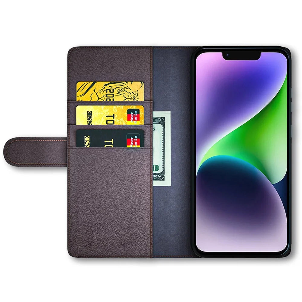 For iPhone 15 Case Genuine Split Leather Phone Cover with Wallet Stand - Brown - 2