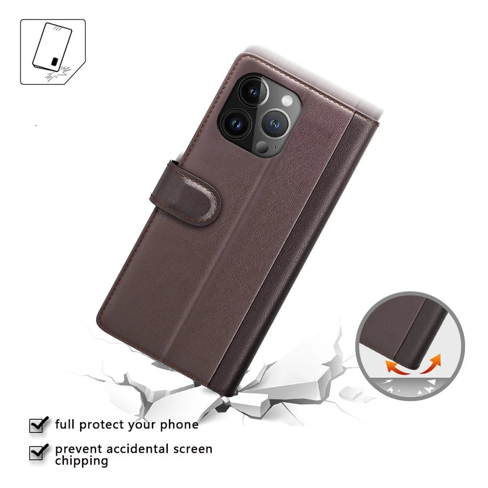 For iPhone 15 Pro Case Genuine Split Leather Phone Cover with Wallet Stand - Brown - 4