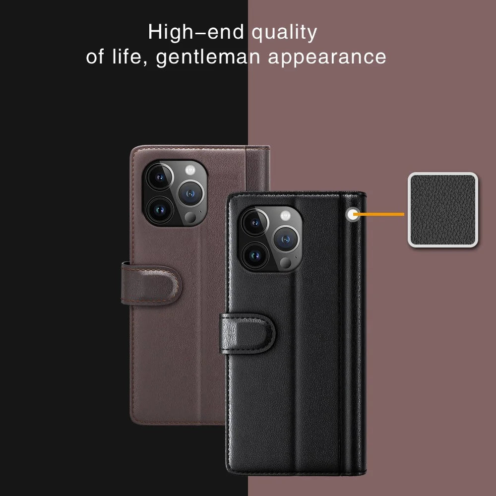 For iPhone 15 Pro Case Genuine Split Leather Phone Cover with Wallet Stand - Brown - 7