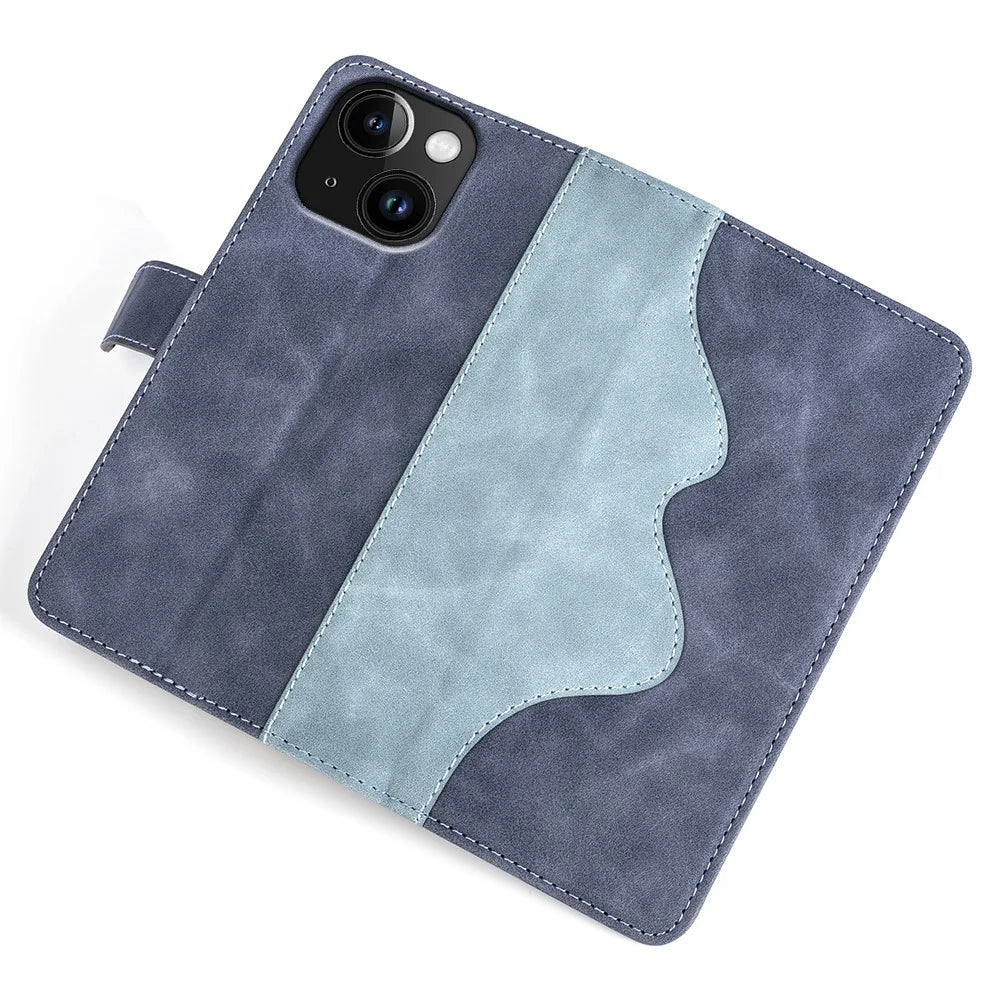 For iPhone 15 Dual-color Splicing Magnetic Clasp PU Leather Wallet Phone Cover Drop-proof Case - Blue - 4