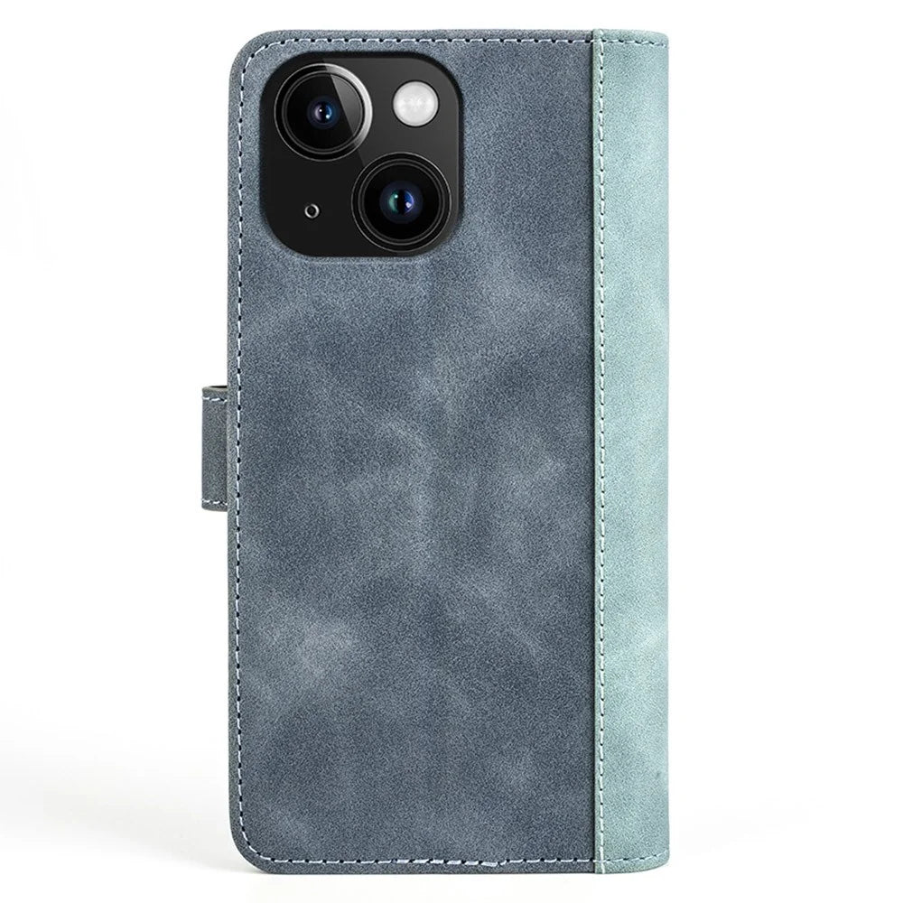For iPhone 15 Dual-color Splicing Magnetic Clasp PU Leather Wallet Phone Cover Drop-proof Case - Blue - 7