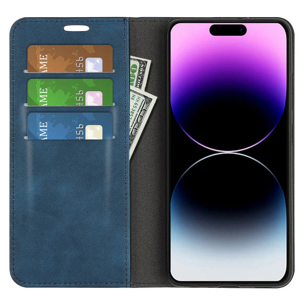 For iPhone 15 Pro Max PU Leather Wallet Flip Case Anti-scratch Skin-touch Stand Cover - Blue - 2