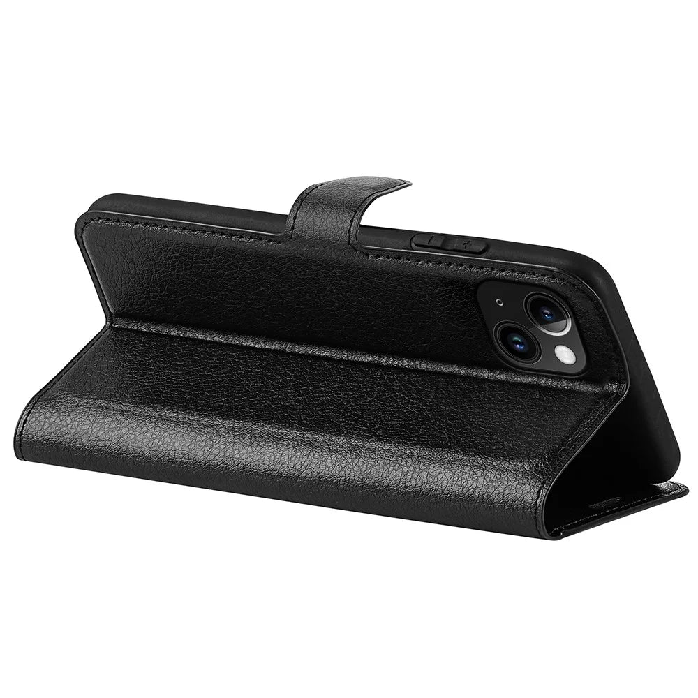 Stand Phone Case for iPhone 15 Plus PU Leather Litchi Texture Wallet Folio Flip Phone Cover - Black - 4