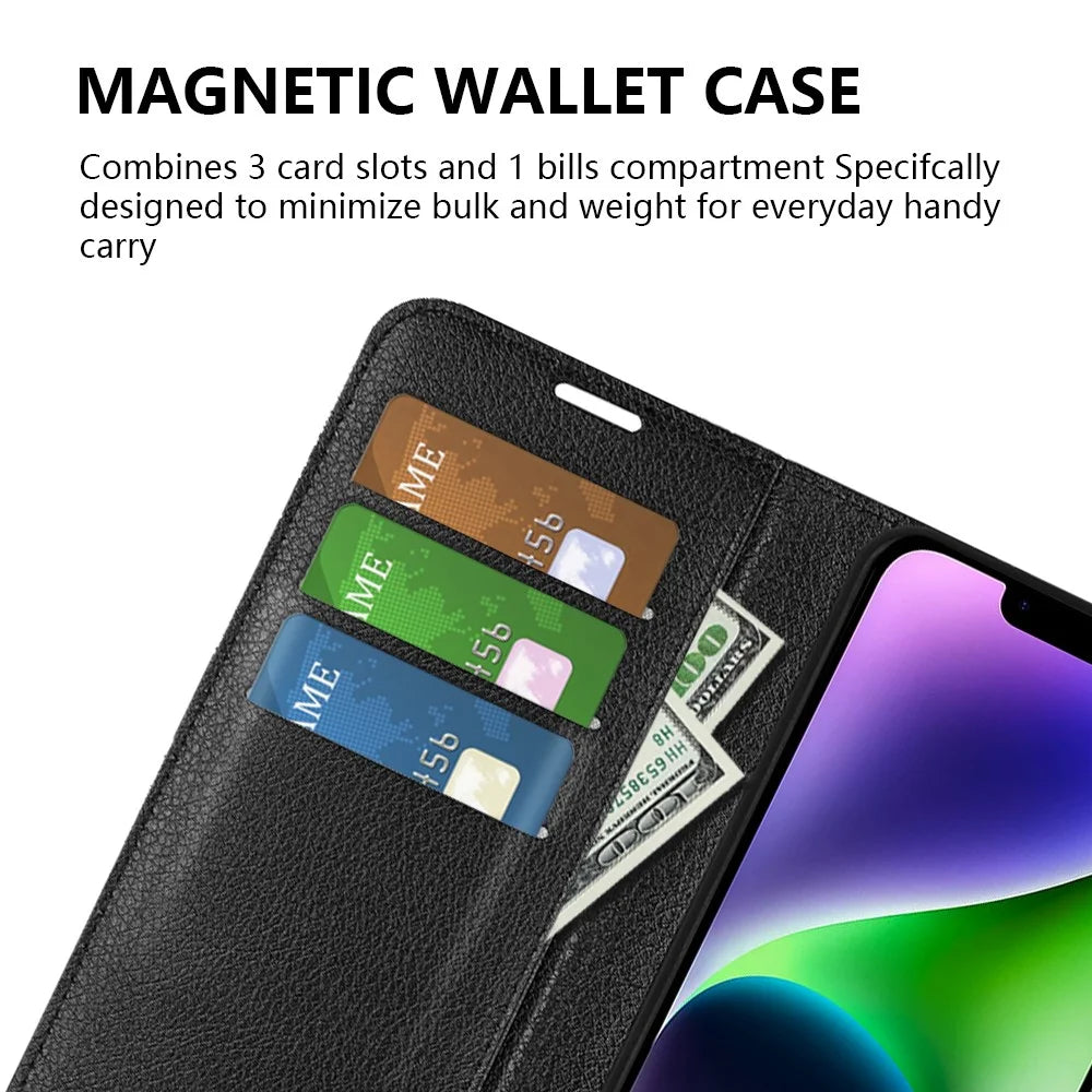 Stand Phone Case for iPhone 15 Plus PU Leather Litchi Texture Wallet Folio Flip Phone Cover - Black - 6