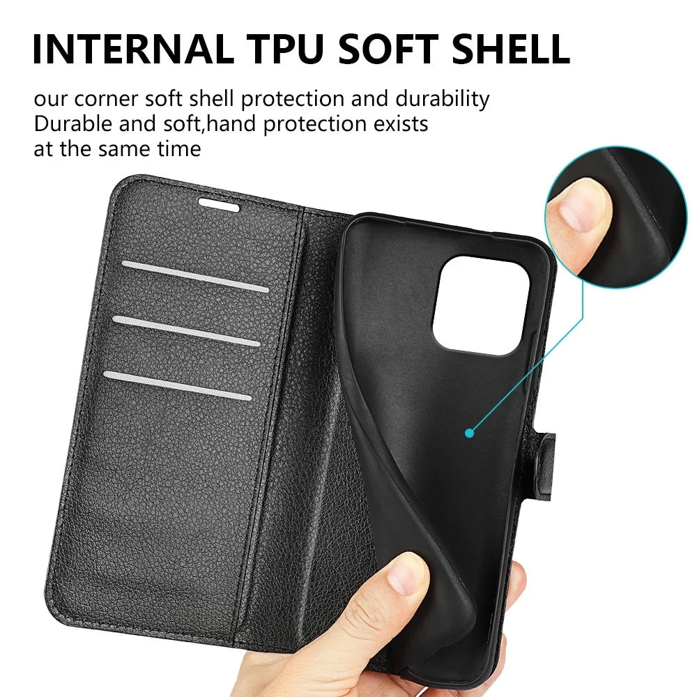 Stand Phone Case for iPhone 15 Plus PU Leather Litchi Texture Wallet Folio Flip Phone Cover - Black - 7