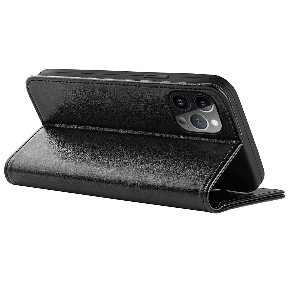 For iPhone 15 Pro PU Leather Stand Phone Case Crazy Horse Texture Wallet Folio Flip Cover - Black - 4