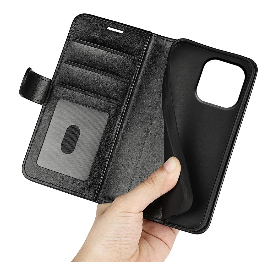 For iPhone 15 Pro PU Leather Stand Phone Case Crazy Horse Texture Wallet Folio Flip Cover - Black - 5