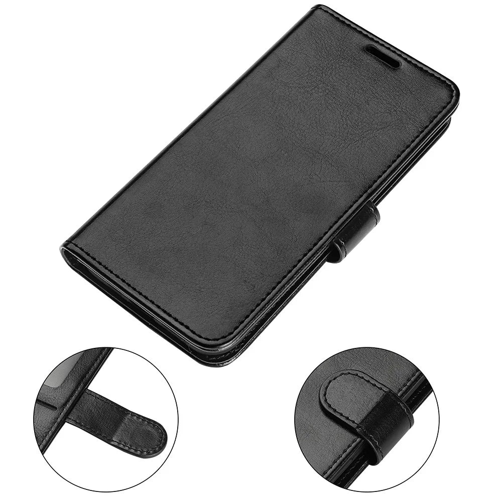 For iPhone 15 Pro PU Leather Stand Phone Case Crazy Horse Texture Wallet Folio Flip Cover - Black - 6