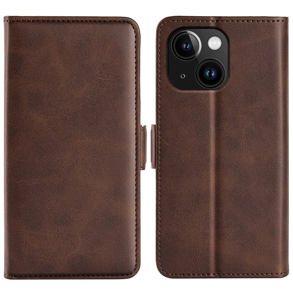 For iPhone 15 Plus PU Leather Wallet Phone Cover Calf Texture Stand Full Protection Phone Case - Brown - 1