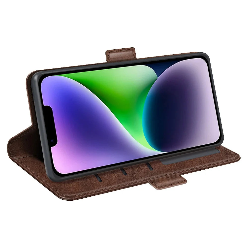 For iPhone 15 Plus PU Leather Wallet Phone Cover Calf Texture Stand Full Protection Phone Case - Brown - 3