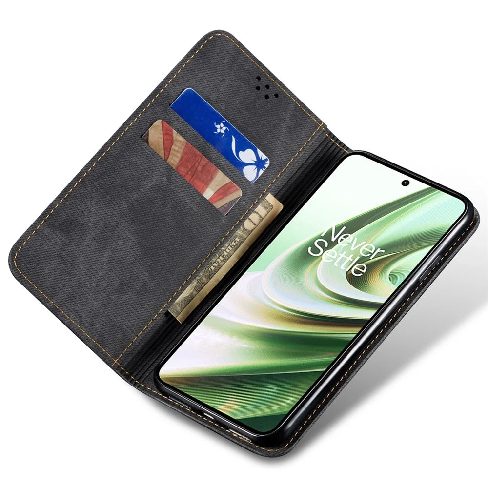 PU Leather Case for OnePlus Nord CE3 5G Stand Wallet Jeans Cloth Texture Phone Cover - Black - 2