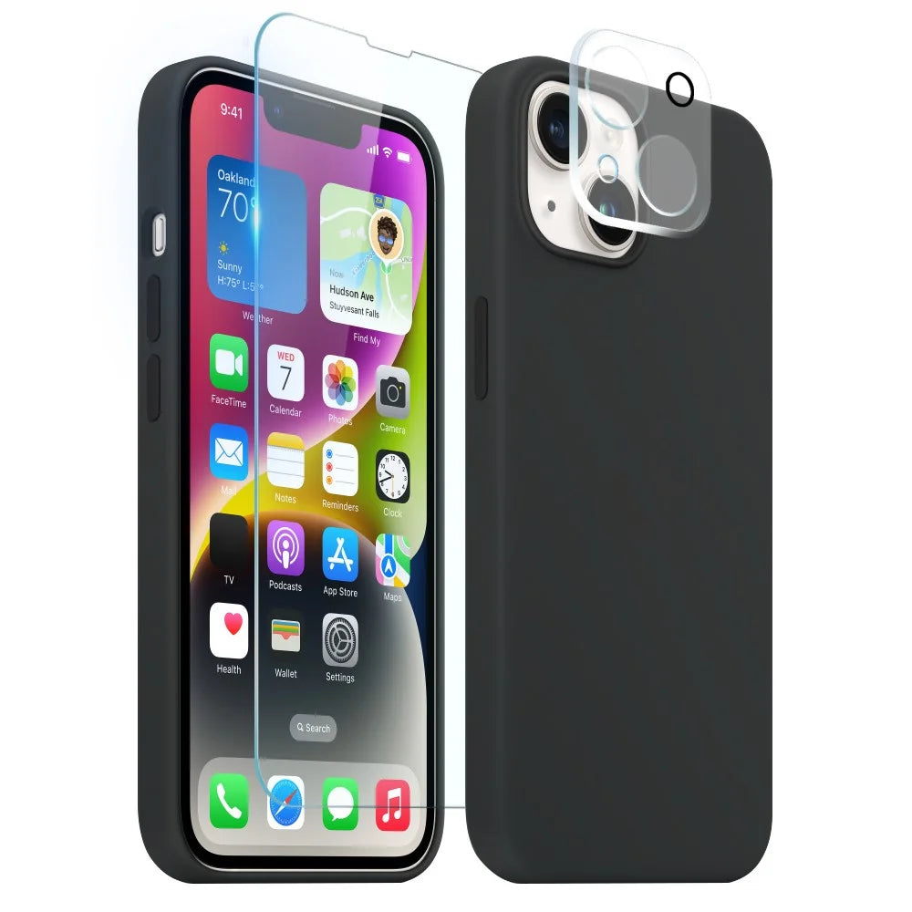 NORTHJO For iPhone 14 Magnetic Silicone Phone Case Compatible with Magsafe with Tempered Glass Film+Camera Lens Protector - Black - 1