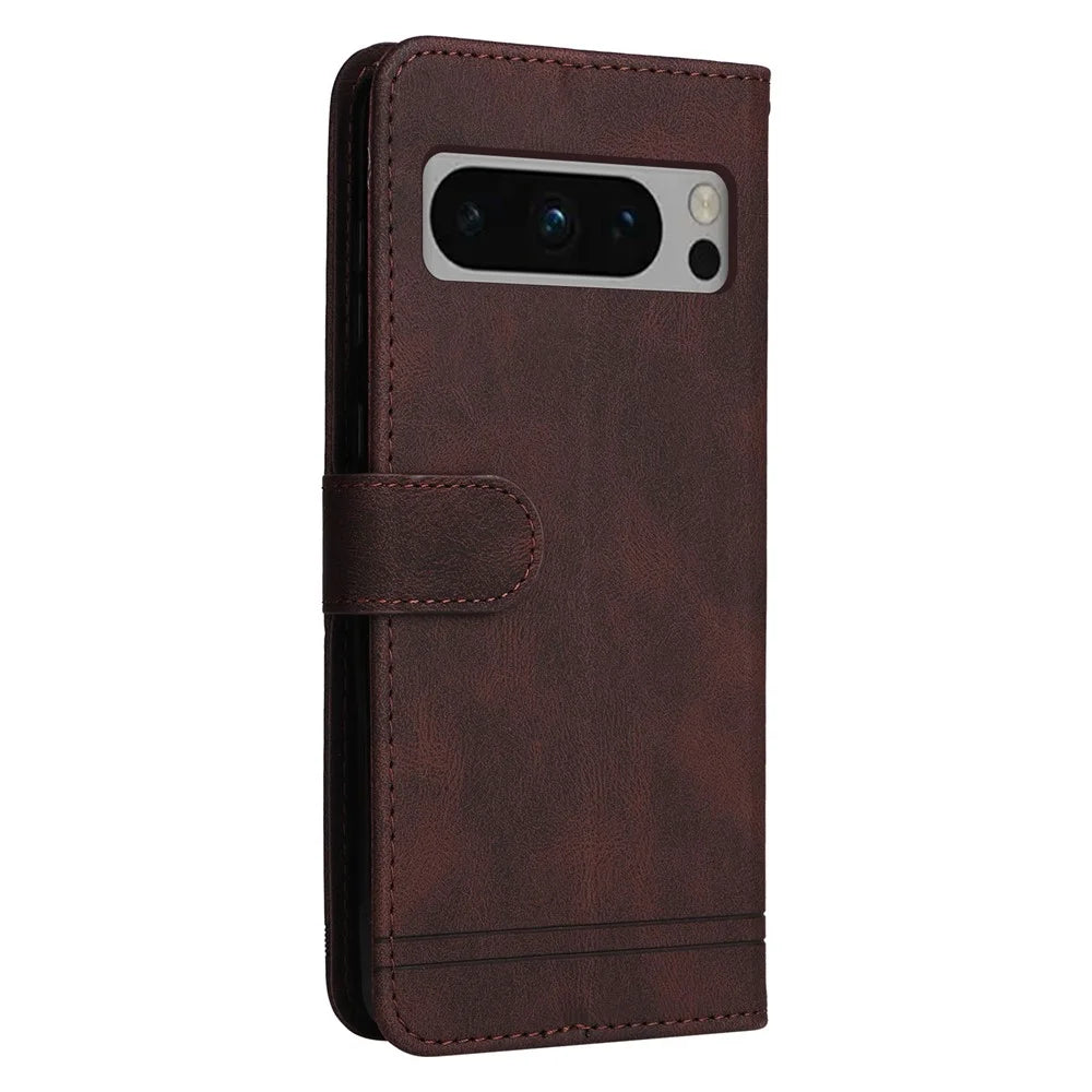 For Google Pixel 8 Pro Leather Wallet Cases Skin Touch Phone Cover Stand with Strap - Brown - 7