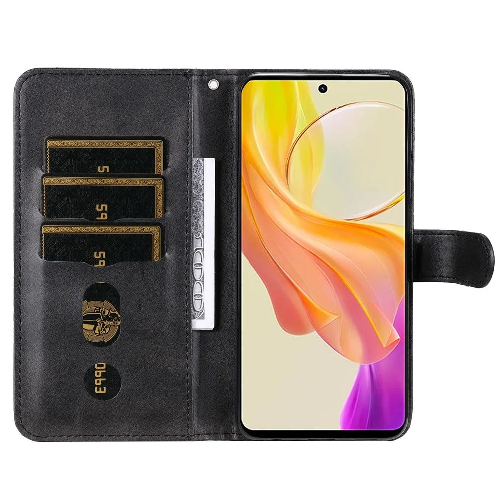 For vivo Y78 5G / Y78+ 5G Calf Texture Leather Anti-drop Stand Cover Zipper Pocket Wallet Phone Case - Black - 2