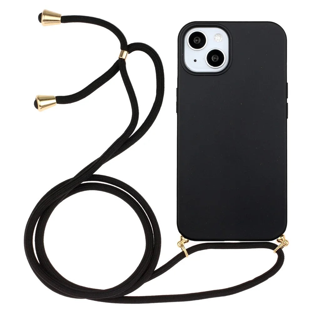 For iPhone 15 Plus Biodegradable Phone Case Wheat Straw+TPU Shockproof Protection Cover with Lanyard - Black - 1