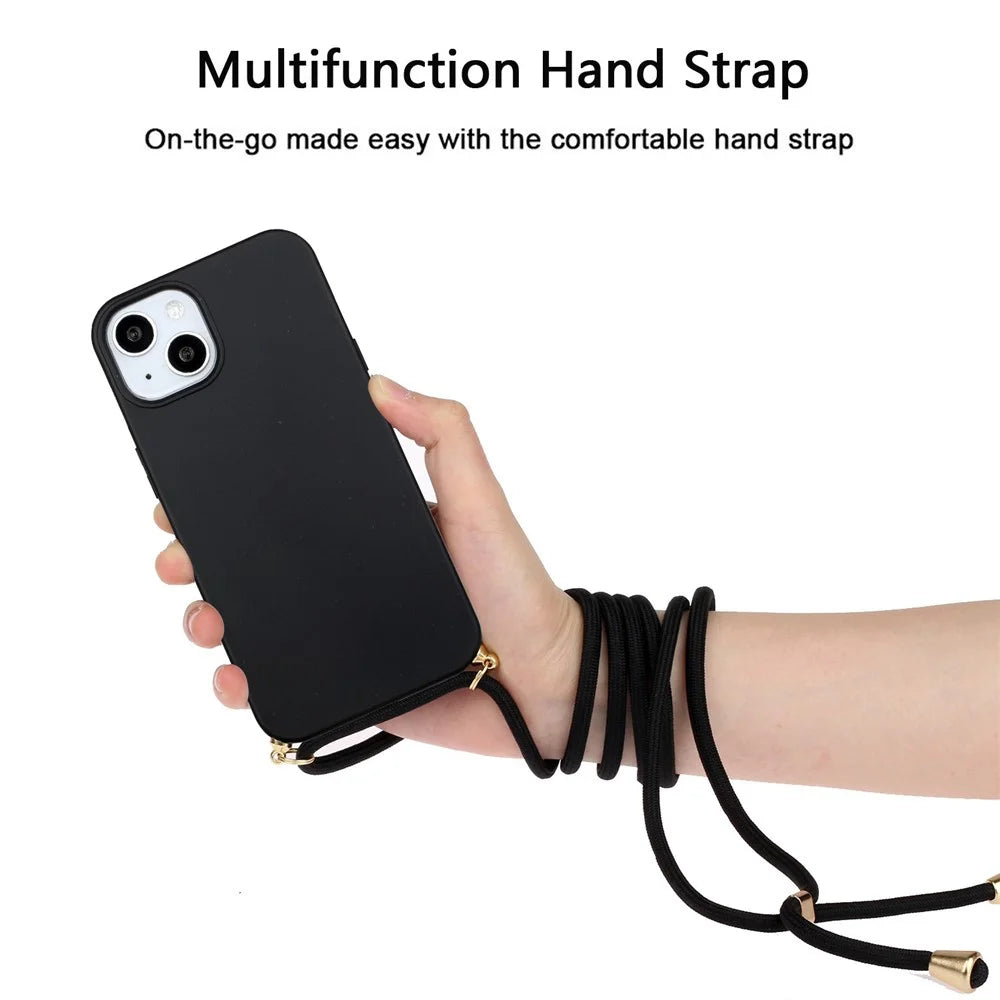For iPhone 15 Plus Biodegradable Phone Case Wheat Straw+TPU Shockproof Protection Cover with Lanyard - Black - 2