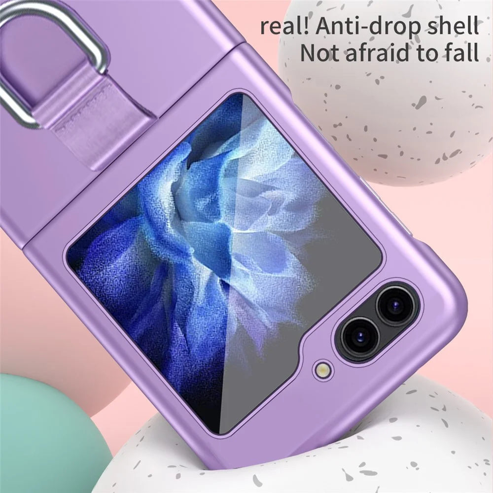 For Samsung Galaxy Z Flip5 5G Hard PC Phone Case Ribbon Metal Ring Holder Anti-Scratch Phone Cover - Purple - 7