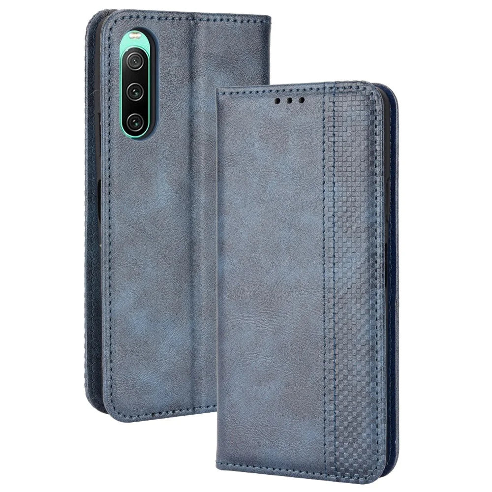 For Sony Xperia 10 V Retro PU Leather Phone Case Stand Wallet Magnetic Closure Phone Cover - Blue - 1