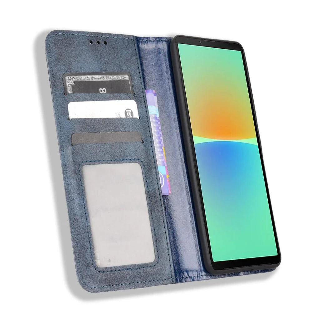 For Sony Xperia 10 V Retro PU Leather Phone Case Stand Wallet Magnetic Closure Phone Cover - Blue - 2
