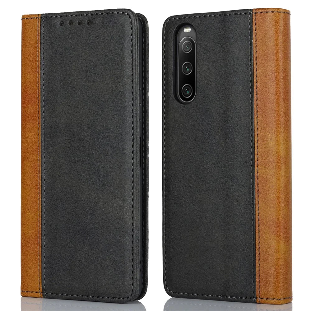 For Sony Xperia 10 V Magnetic Flip PU Leather Phone Wallet Case Stand Bi-color Splicing Anti-drop Cover - Black+Yellow - 1