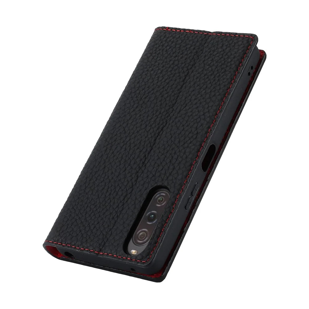 Flip Cover for Sony Xperia 10 V Litchi Texture Genuine Cow Leather Phone Case Stand Wallet with Strap - Black - 4