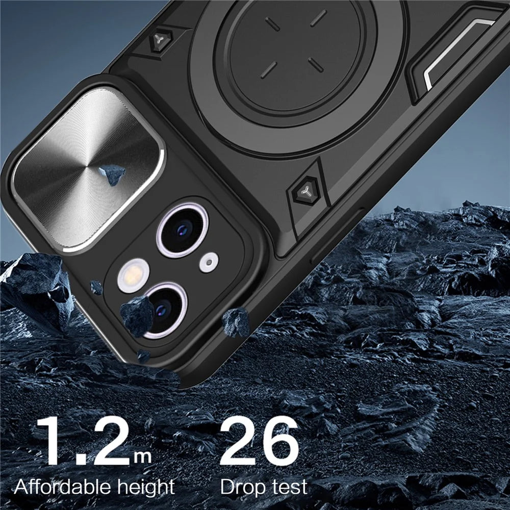For iPhone 14 Slide Camera Lid Back Cover PC+TPU Phone Case with Rotatable Kickstand - Black - 5