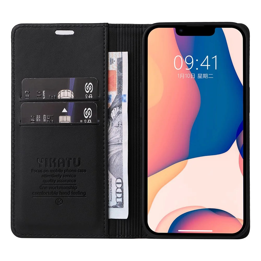 YIKATU YK-001 For iPhone 15 PU Leather Wallet Phone Case Magnetic Auto-absorbed Stand Cover - Black - 2