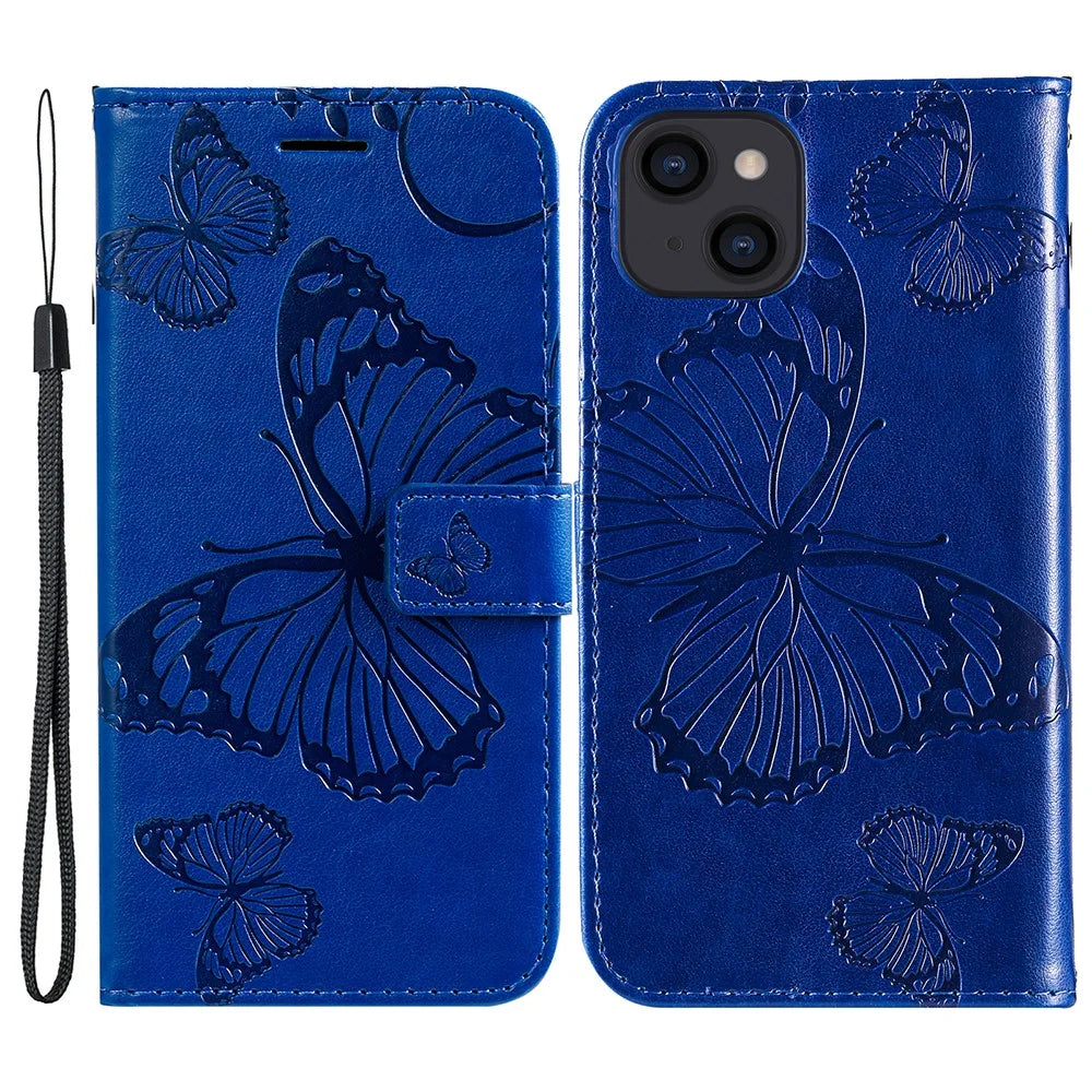For iPhone 15 Wallet Case Floral Butterfly Imprinted Leather Phone Cover Stand - Blue - 1