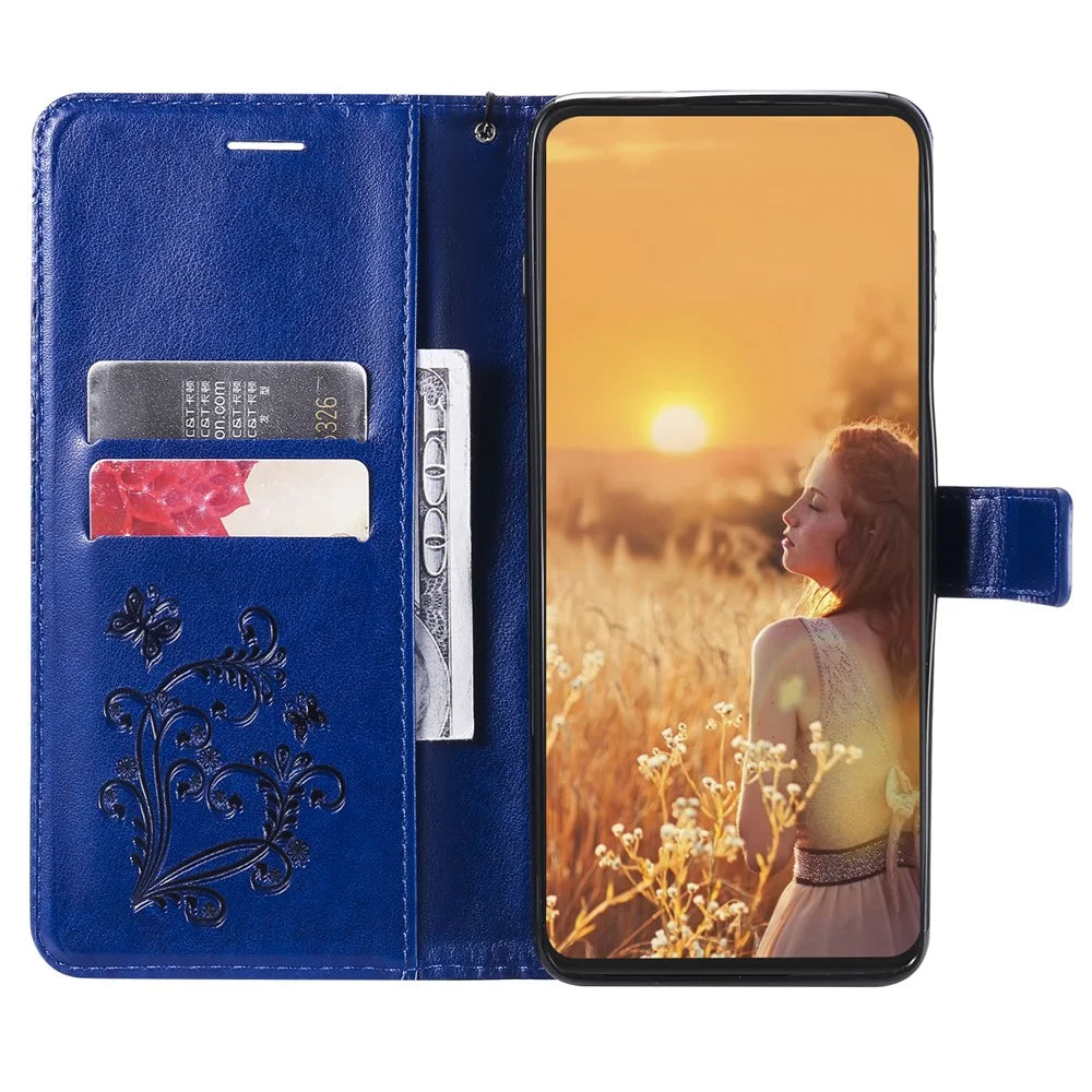 For iPhone 15 Wallet Case Floral Butterfly Imprinted Leather Phone Cover Stand - Blue - 2