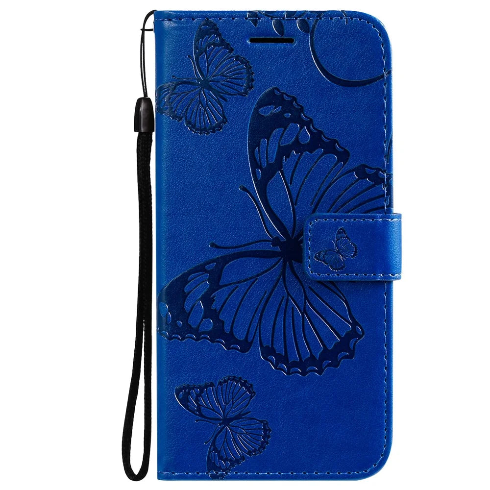 For iPhone 15 Wallet Case Floral Butterfly Imprinted Leather Phone Cover Stand - Blue - 7
