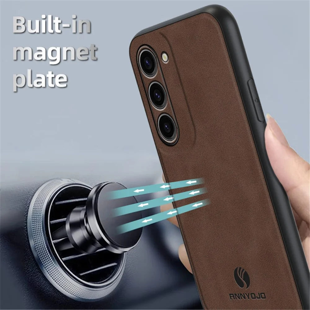 ANNYOJO For Samsung Galaxy S23 Phone Case PU Leather+PC+TPU Cover with Car Mount Metal Sheet - Black - 4