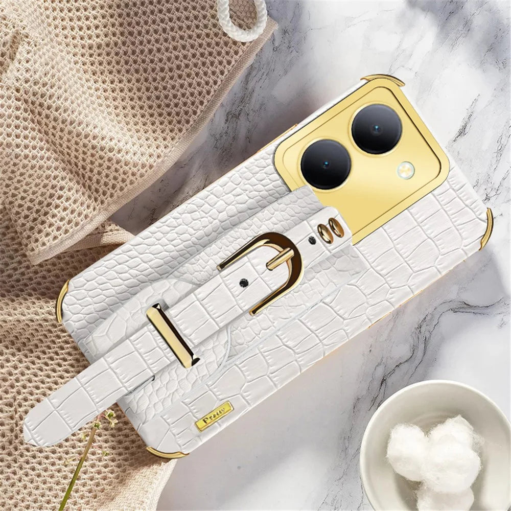 Wristband Kickstand Phone Case for vivo Y78 5G , PU Leather Coated TPU Electroplating Phone Cover - White - 2
