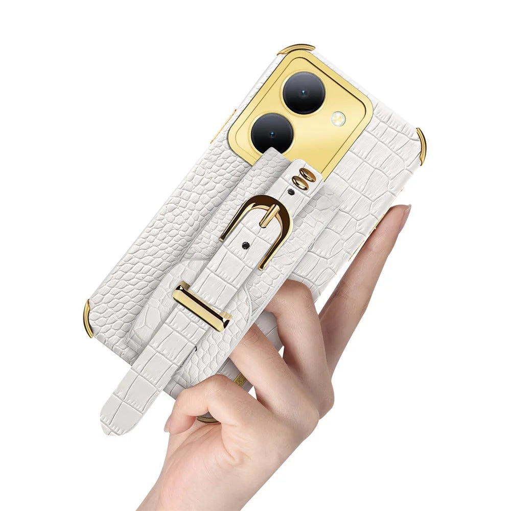 Wristband Kickstand Phone Case for vivo Y78 5G , PU Leather Coated TPU Electroplating Phone Cover - White - 6