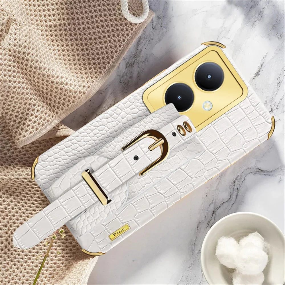 For vivo Y78+ 5G Wristband Kickstand PU Leather Coated TPU Case Electroplating Phone Cover - White - 2