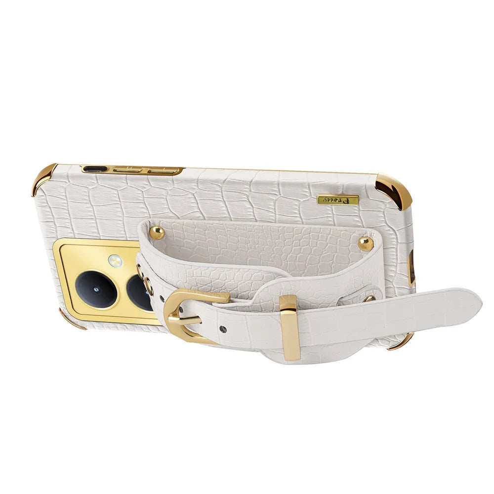 For vivo Y78+ 5G Wristband Kickstand PU Leather Coated TPU Case Electroplating Phone Cover - White - 3