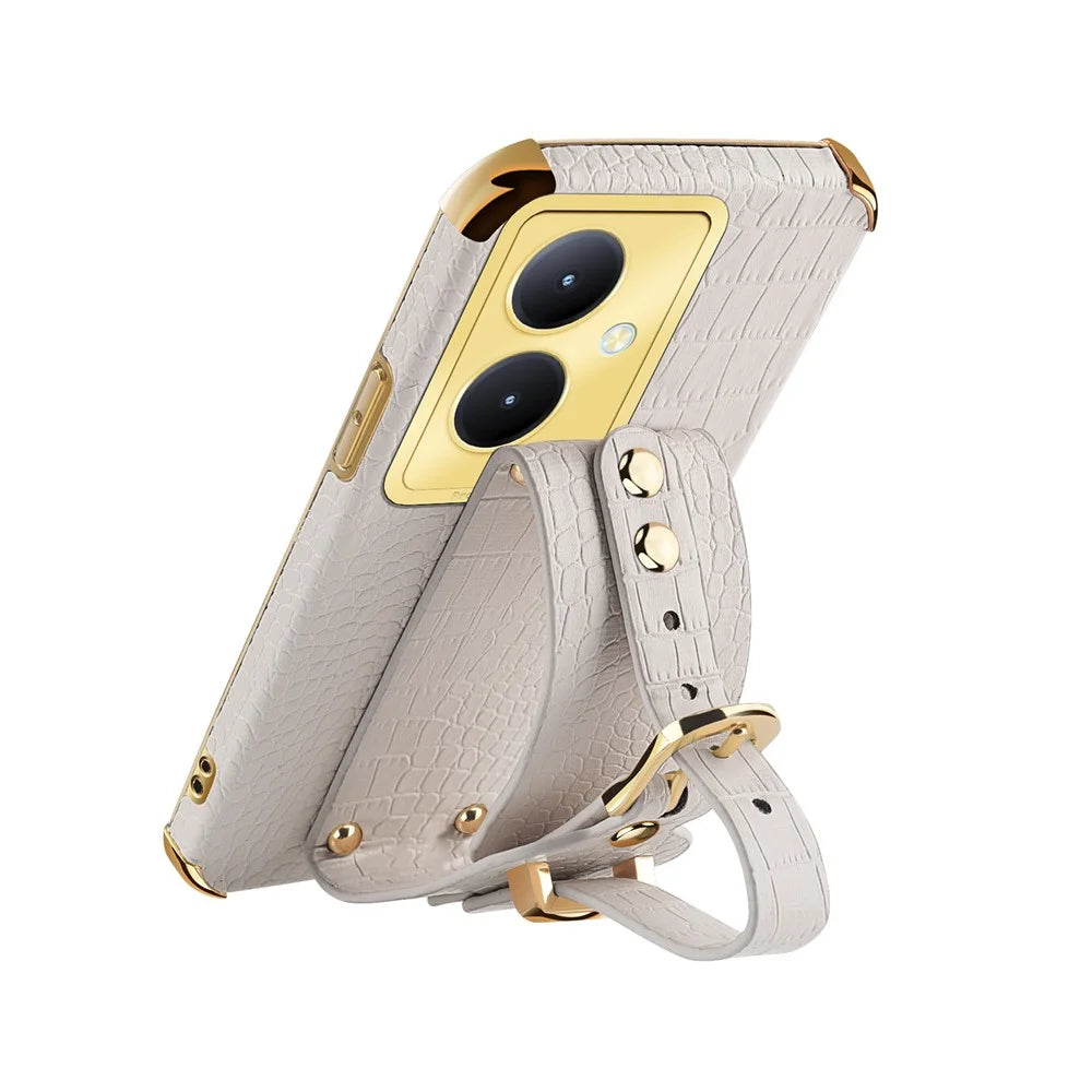 For vivo Y78+ 5G Wristband Kickstand PU Leather Coated TPU Case Electroplating Phone Cover - White - 4