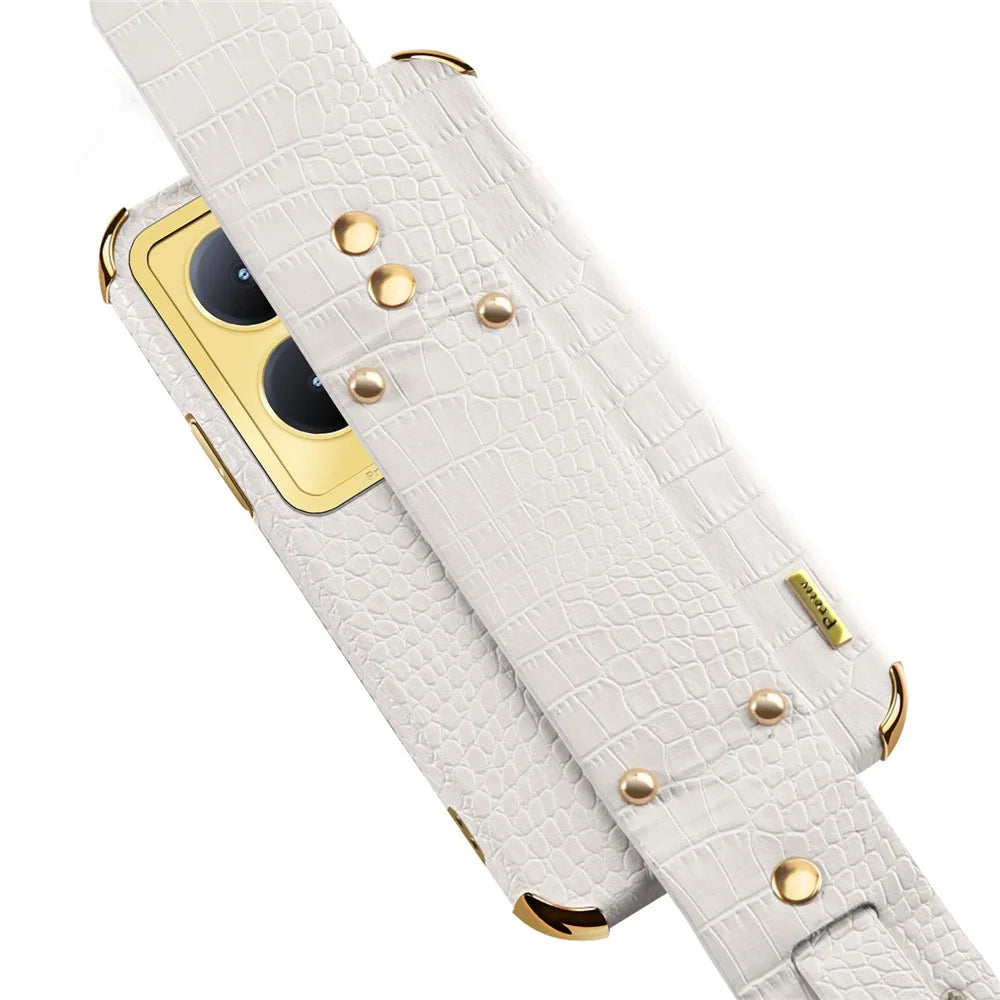 For vivo Y78+ 5G Wristband Kickstand PU Leather Coated TPU Case Electroplating Phone Cover - White - 7