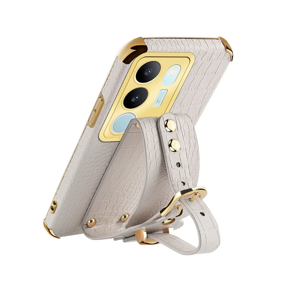 For vivo S17 5G PU Leather Coated TPU Case Wristband Kickstand Electroplating Phone Cover - White - 4