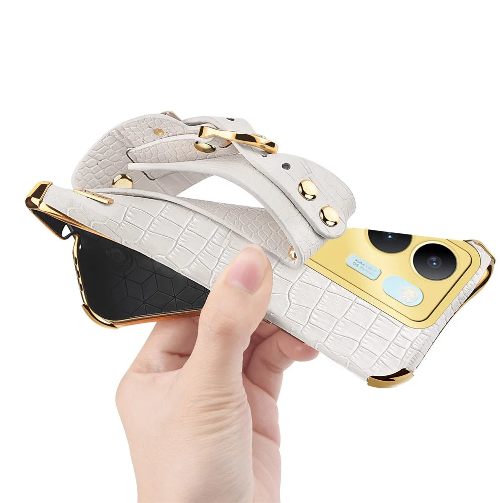 For vivo S17 5G PU Leather Coated TPU Case Wristband Kickstand Electroplating Phone Cover - White - 5