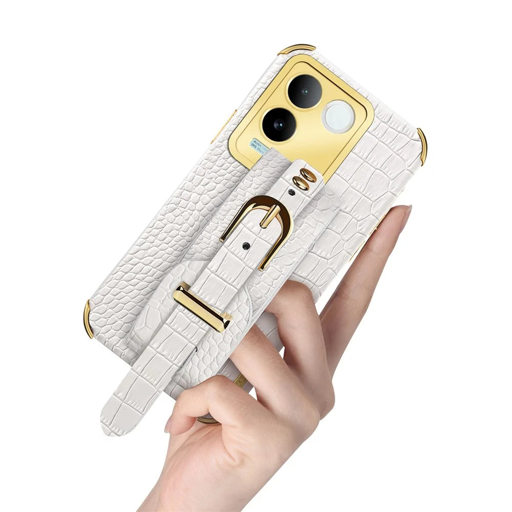 For vivo S17e 5G Wristband Kickstand Electroplating Phone Case PU Leather Coated TPU Phone Cover - White - 6
