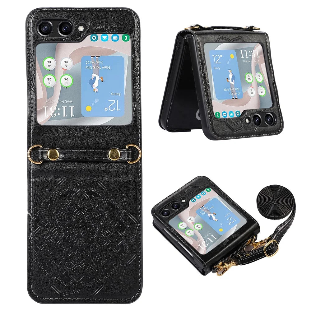 For Samsung Galaxy Z Flip5 5G Flower Imprinted Phone Case Anti-Drop PU Leather PC Cover with Shoulder Strap - Black - 1
