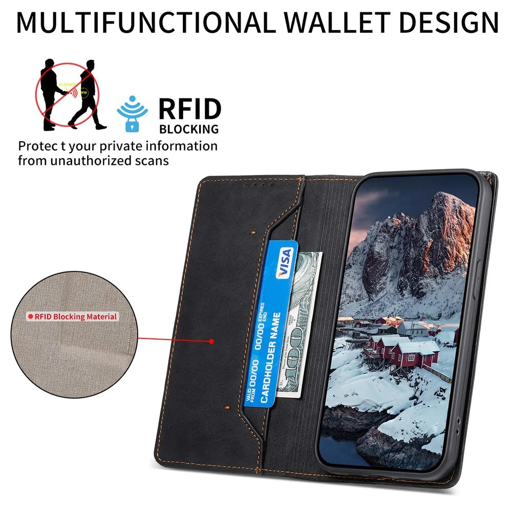 DF-05 Business Phone Case for Samsung Galaxy S23 RFID Blocking Wallet PU Leather Foldable Stand Cover - Black - 7