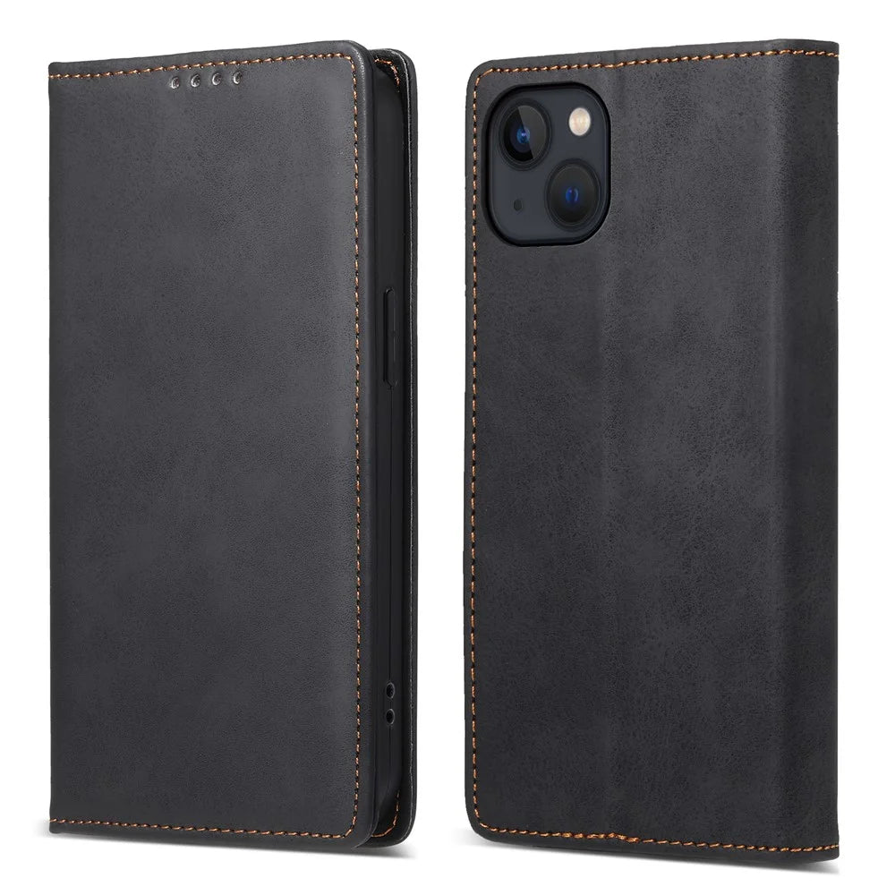 DF-05 RFID Blocking Wallet Case for iPhone 13 PU Leather Stand Flip Business Phone Cover - Black - 1
