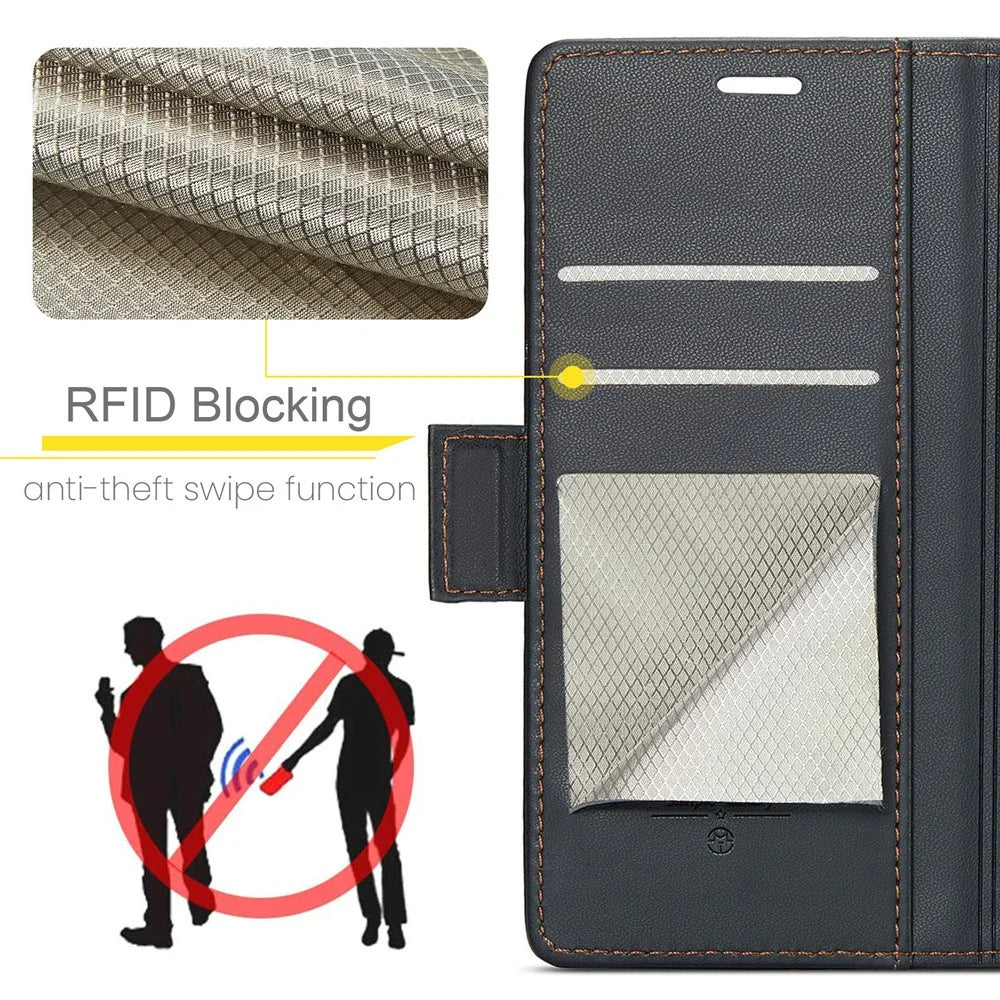 For Realme 10 Pro 5G Leather Case CASEME 023 RFID Blocking 3 Card Slot Mobile Cover - Black - 7