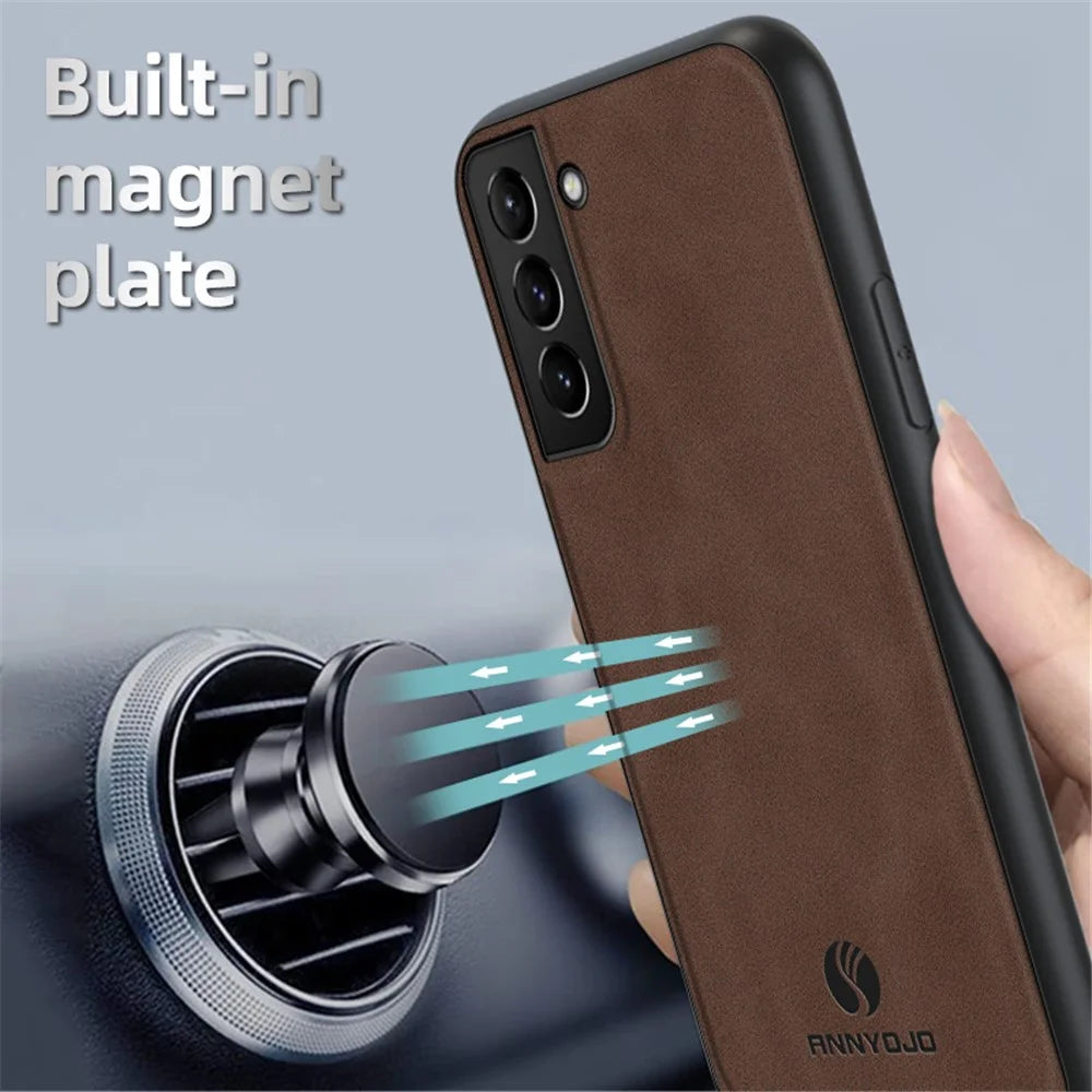 ANNYOJO For Samsung Galaxy S21 FE 5G Magnetic Car Mount Phone Cover PU Leather Coated PC+TPU Case - Black - 3