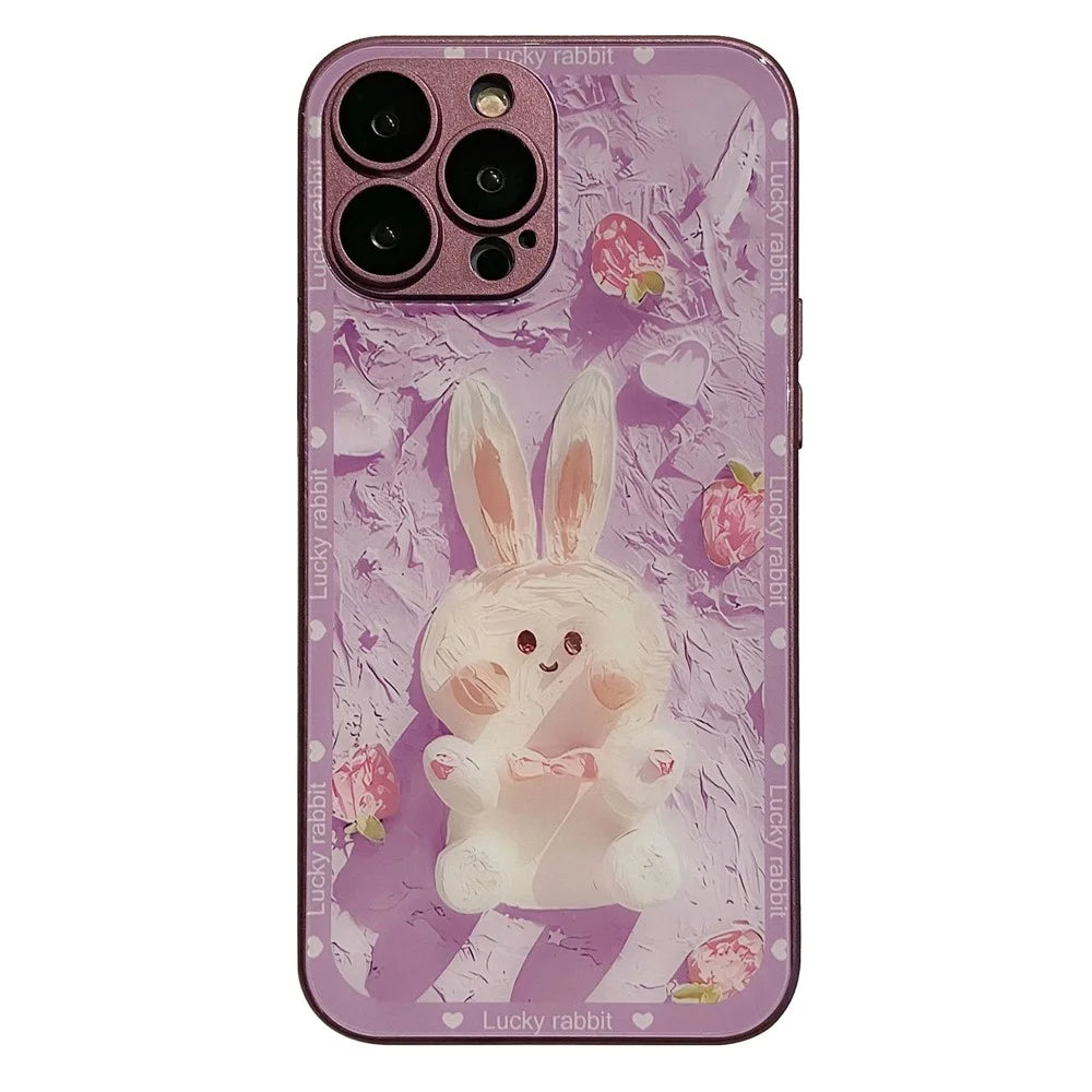 Glass+TPU Phone Case For iPhone 12 Pro Max Strawberry Rabbit Decor Metal Paint Design Phone Cover - Purple - 1