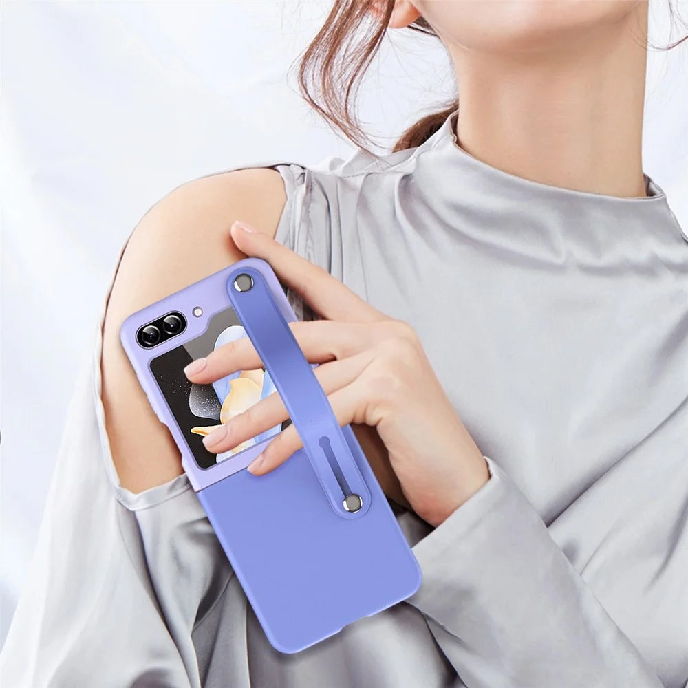 For Samsung Galaxy Z Flip5 5G Contrast Color PU Leather Coated PC Phone Case Hand Strap Kickstand Cover - Sky Blue Light Purple - 6